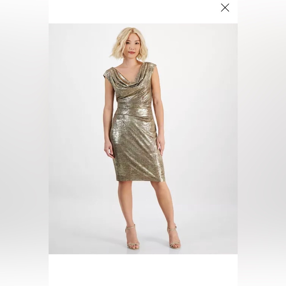 NWT Connected Apparel Silver Metallic Cowl Neck  Dress Size 14